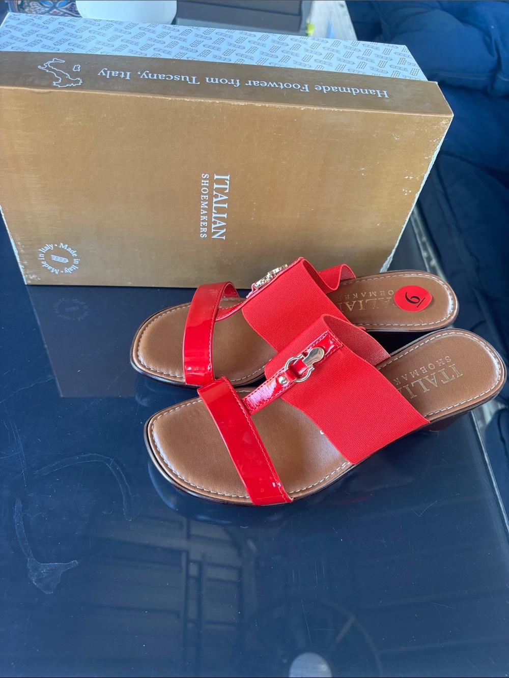 Italian Shoemakers Red Slide Sandals with Glossy Strap and Chain Accent